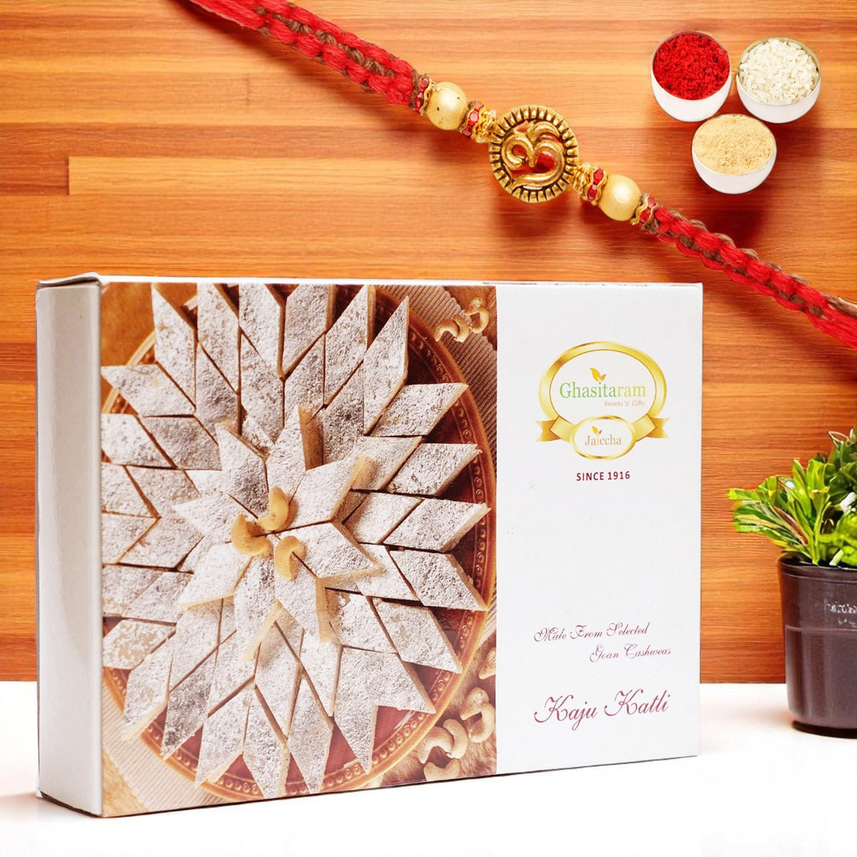 Rakhi Gifts Sweets-Ghasitarams Pure Kaju Katlis Box 200 gms with Om Rakhi