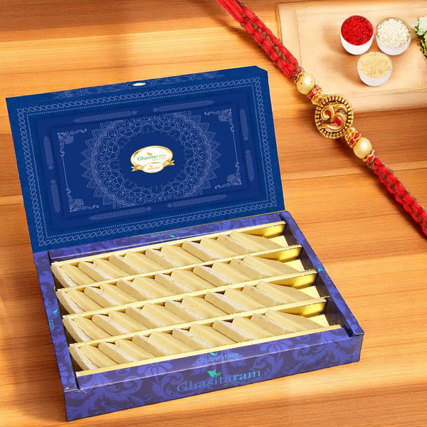 Rakhi Gifts Sweets-Ghasitarams Pure Kaju Katlis Box 200 gms with Om Rakhi