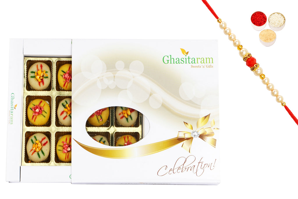 Rakhi Gifts For Brother-Ghasitarams Sweets Assorted Mawa Peda 12 pcs White Box-200gms with Beads Rakhi