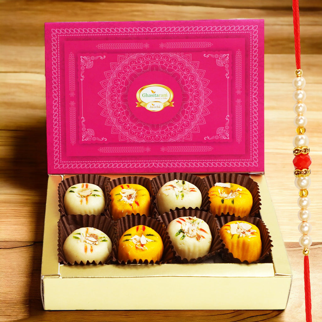 Rakhi Gifts Sweets-Ghasitarams Mawa Peda Box (200 gms) with Pearl Beads Rakhi