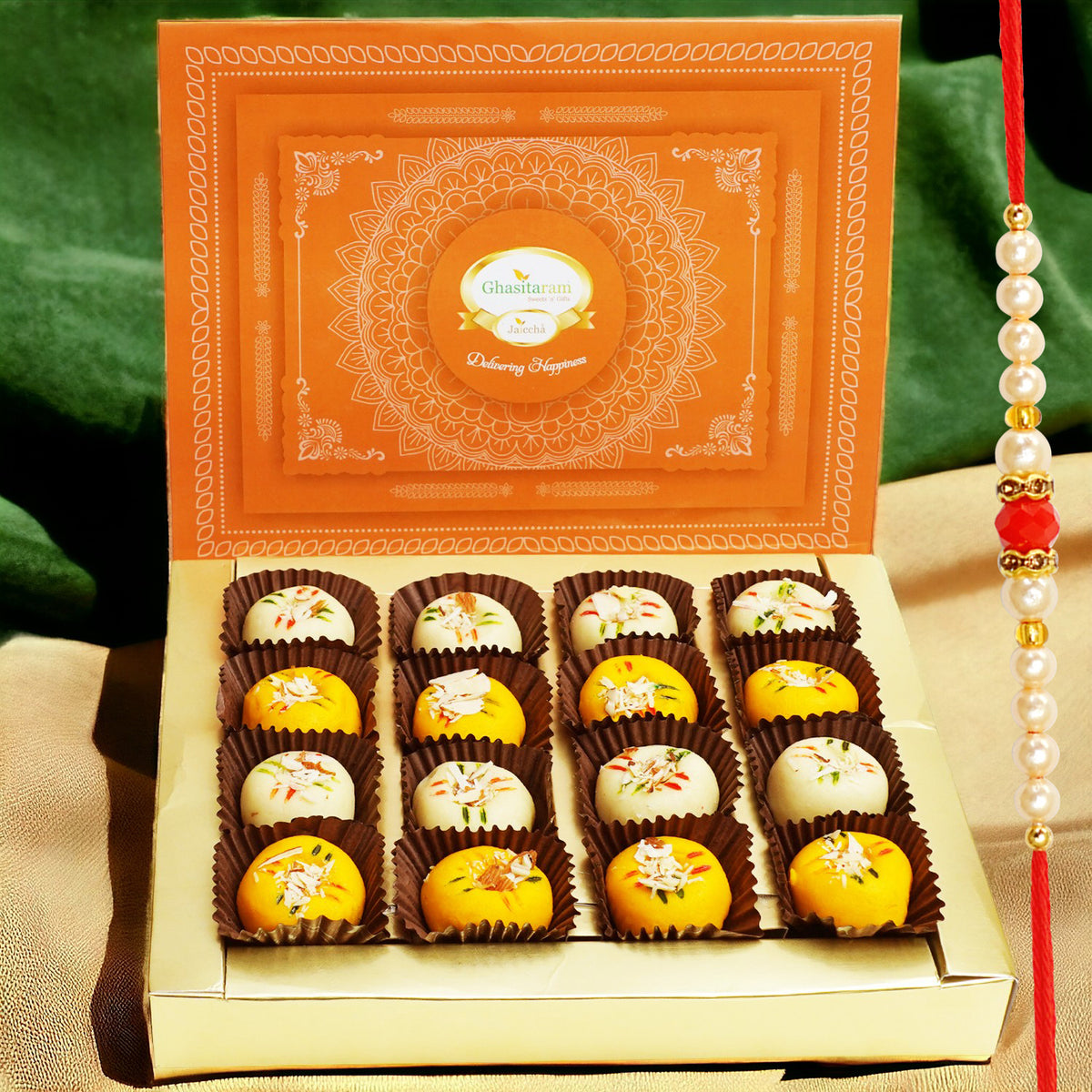 Rakhi Gifts Sweets-Ghasitarams Mawa Peda Box (200 gms) with Pearl Beads Rakhi