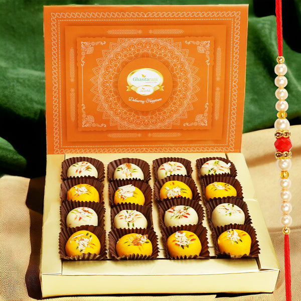 Rakhi Gifts Sweets-Ghasitarams Mawa Peda Box (200 gms) with Pearl Beads Rakhi