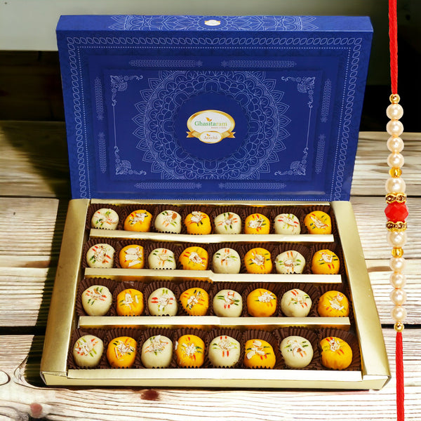 Sugarfree Mawa Peda Box 200 gms with Pearl Beads Rakhi