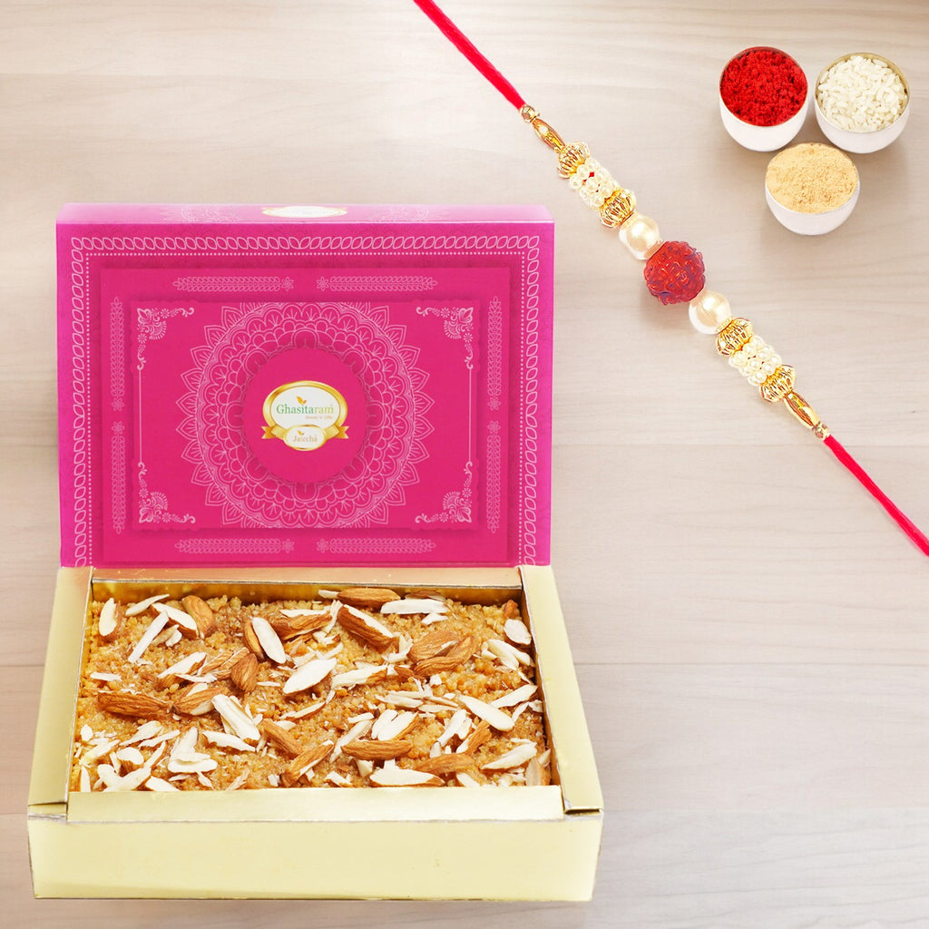 Rakhi Gifts - Delicious Milk Cake with Pearl Rudaraksh Rakhi