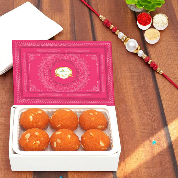 Rakhi Gifts Sweets-Motichoor /Boondi Laddoo Box (200 gms) with Pearl Beads Rakhi