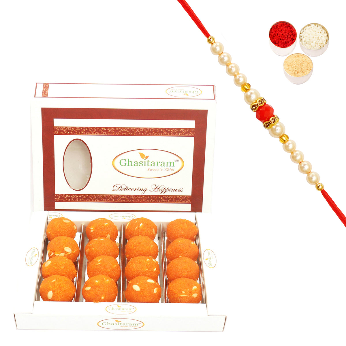 Rakhi Gifts Sweets-Motichoor /Boondi Laddoo Box (200 gms) with Pearl Beads Rakhi