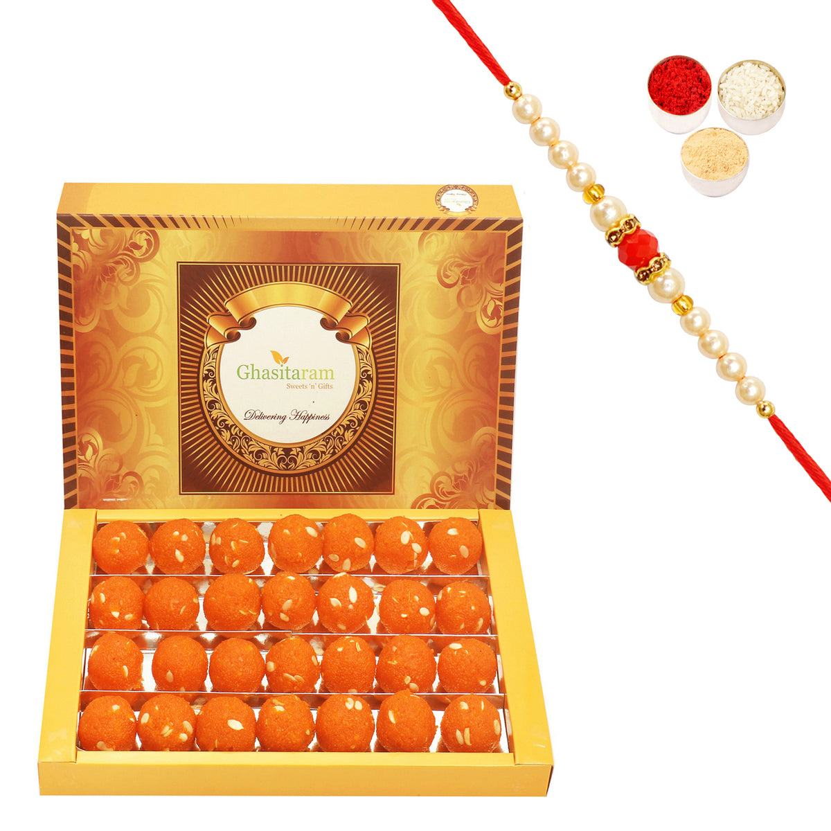 Rakhi Gifts Sweets-Motichoor /Boondi Laddoo Box (200 gms) with Pearl Beads Rakhi