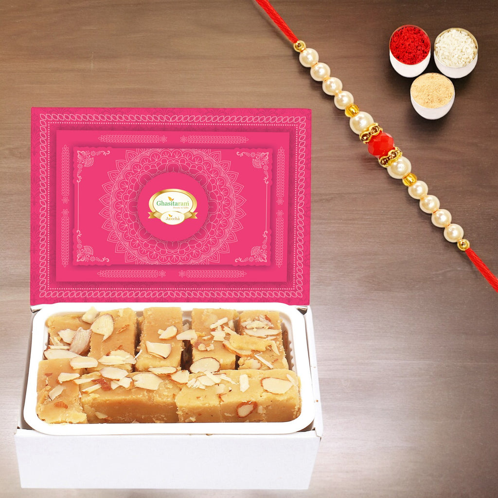 Soft Mysore pak (200 gms)with Pearl Beads Rakhi