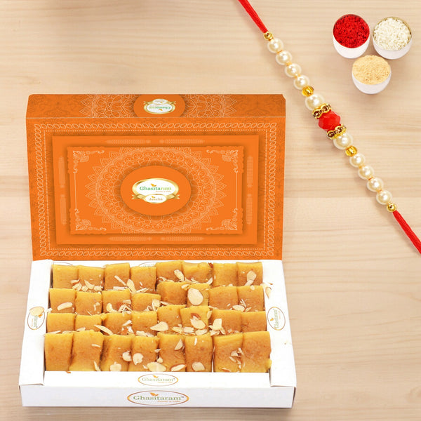 Soft Mysore pak (200 gms)with Pearl Beads Rakhi