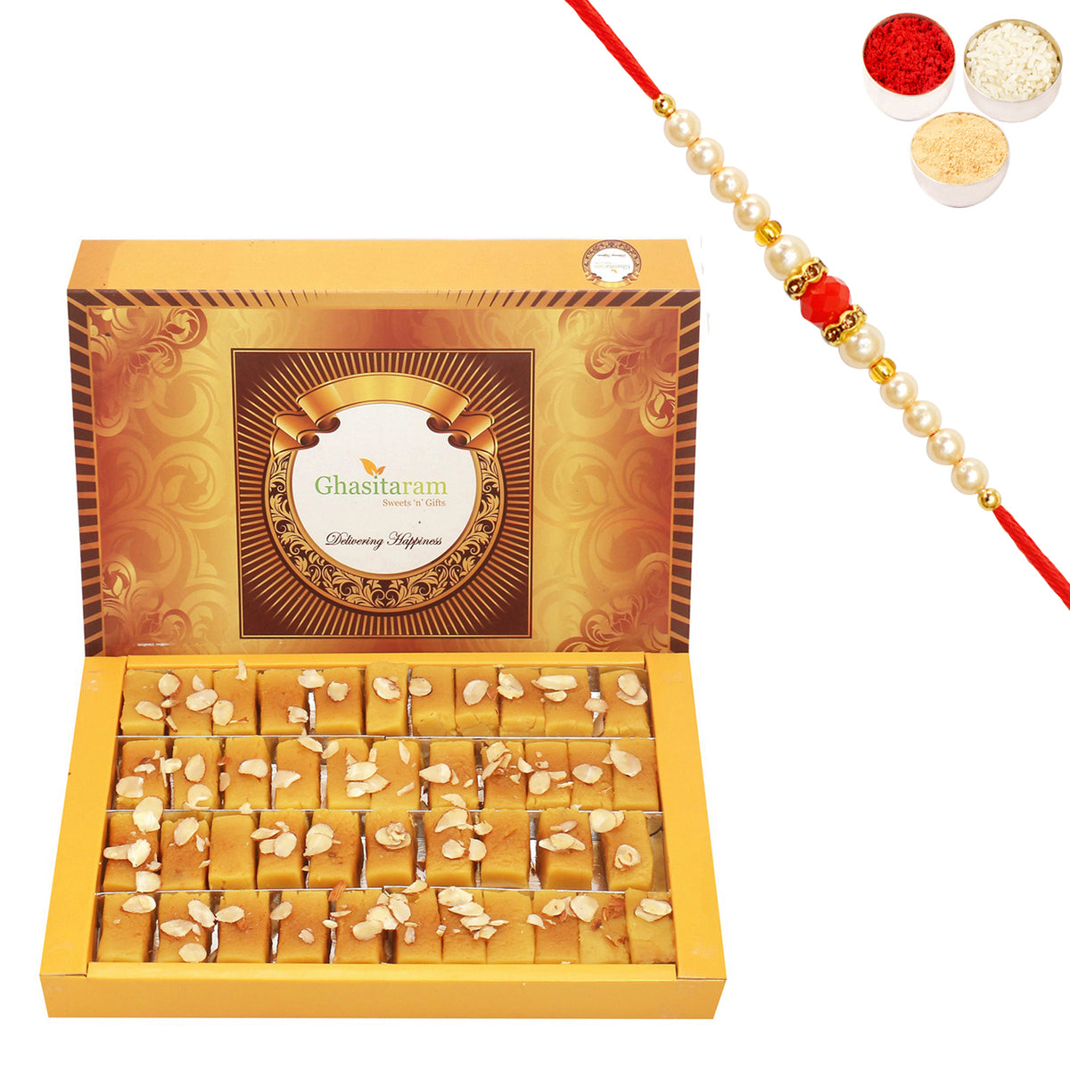 Soft Mysore pak with Pearl Beads Rakhi