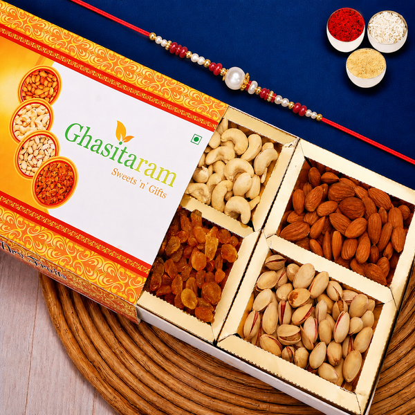 Rakhi Dryfruits- Ghasitaram's Orange Dryfruit Box  with Rakhi