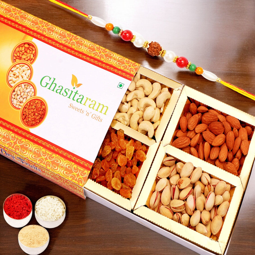 Rakhi Dryfruits- Ghasitaram's Orange Dryfruit Box 200 gms with Pearl Rudraksh Rakhi