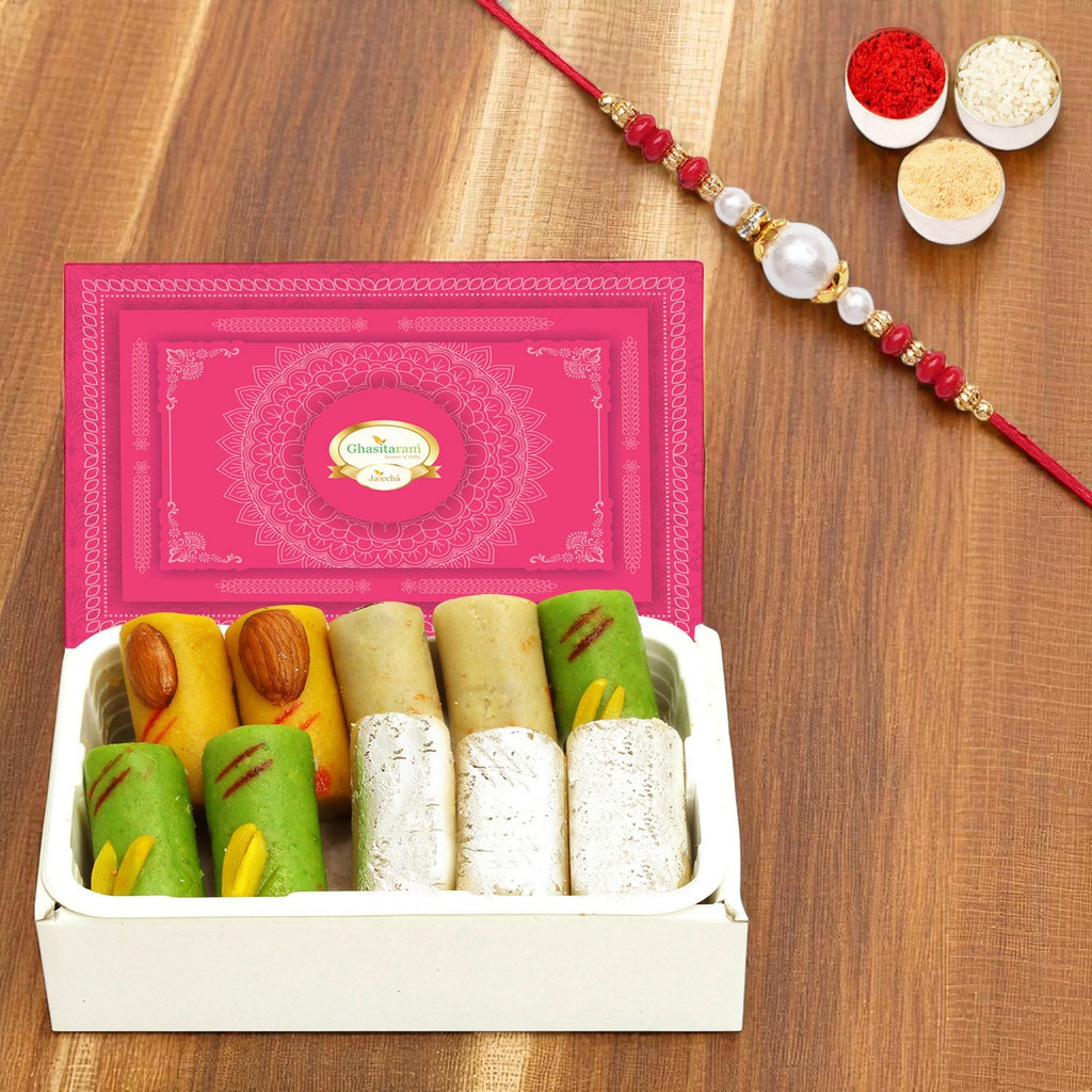 Ghasitarams Assorted Rolls Box 200g | Rakhi Sweets Gift with Pearl Beads Rakhi | Rakshabandhan Mithai Hamper