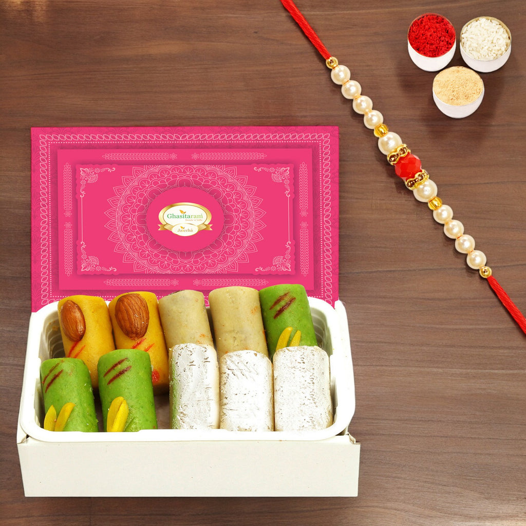 Rakhi Gifts Sweets-Ghasitarams Assorted Rolls Box 200 gms with Pearl Beads Rakhi