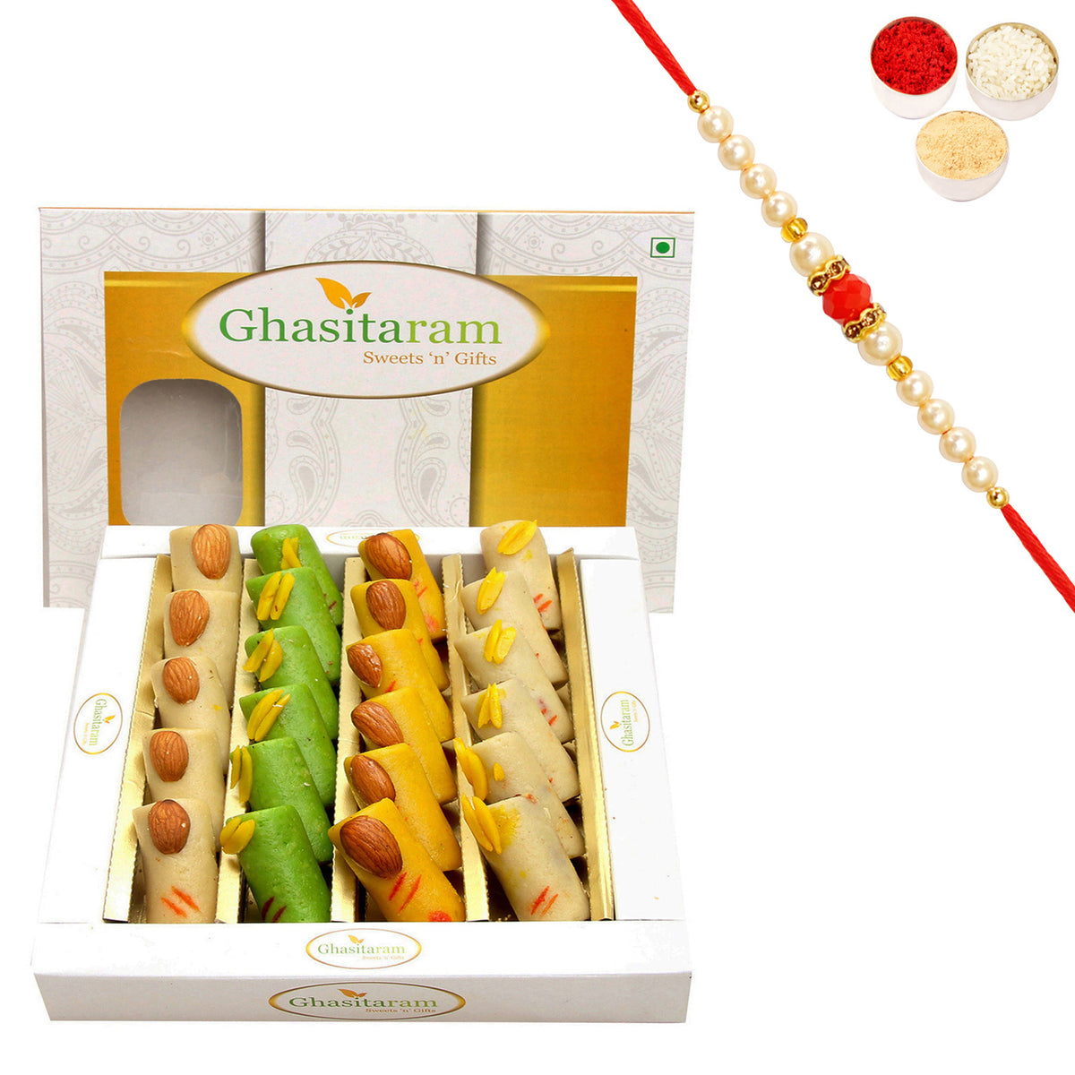 Ghasitarams Assorted Rolls Box 200g | Rakhi Sweets Gift with Pearl Beads Rakhi | Rakshabandhan Mithai Hamper