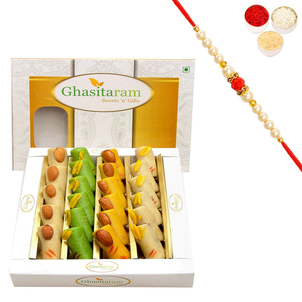 Ghasitarams Assorted Rolls Box 200g | Rakhi Sweets Gift with Pearl Beads Rakhi | Rakshabandhan Mithai Hamper