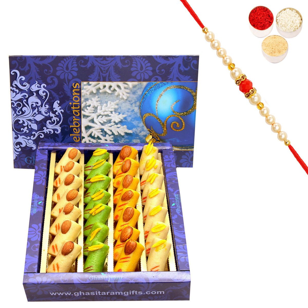 Ghasitarams Assorted Rolls Box 200g | Rakhi Sweets Gift with Pearl Beads Rakhi | Rakshabandhan Mithai Hamper