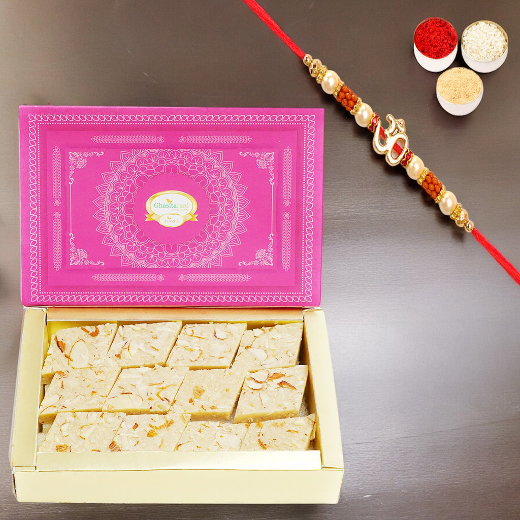 Sugarfree Pure Kaju Katlis Box 200 gms with Om Rakhi