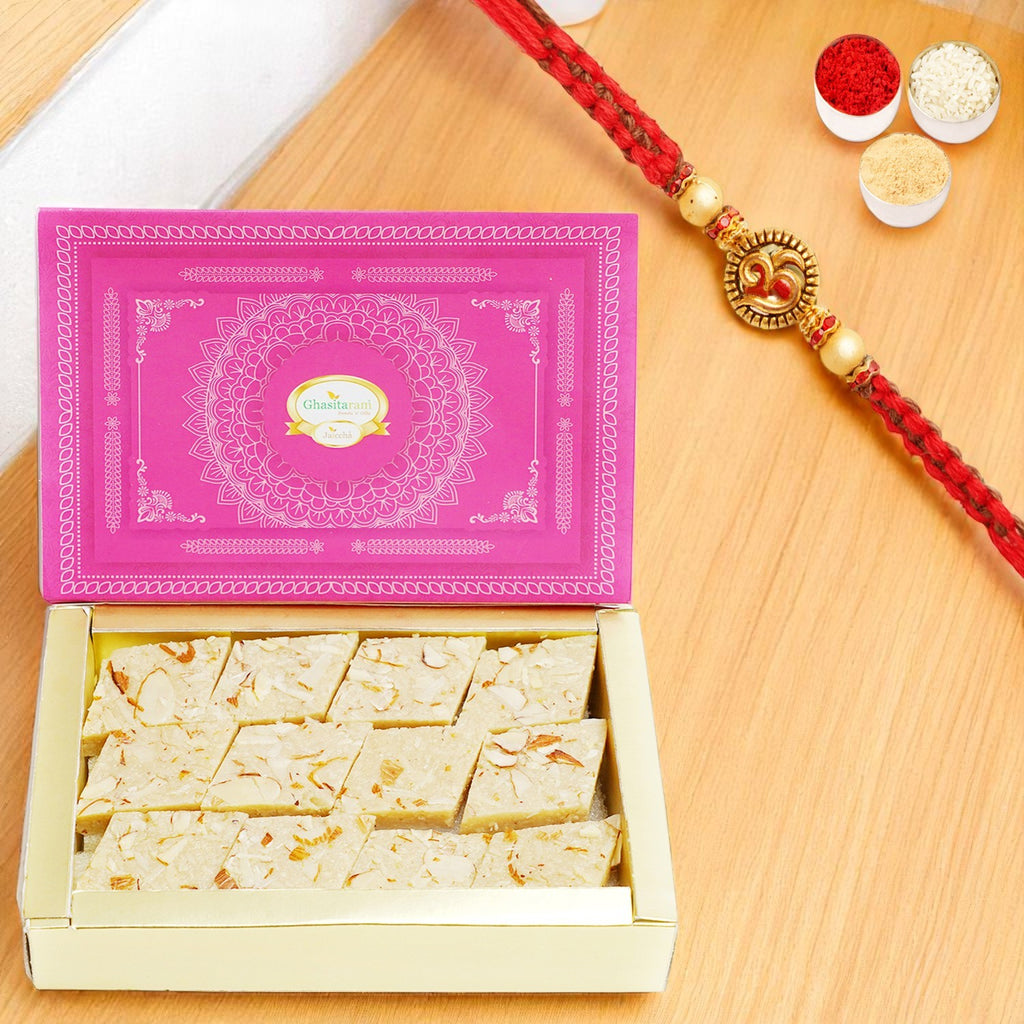 Sugarfree Pure Kaju Katlis Box 200 gms with Om Rakhi
