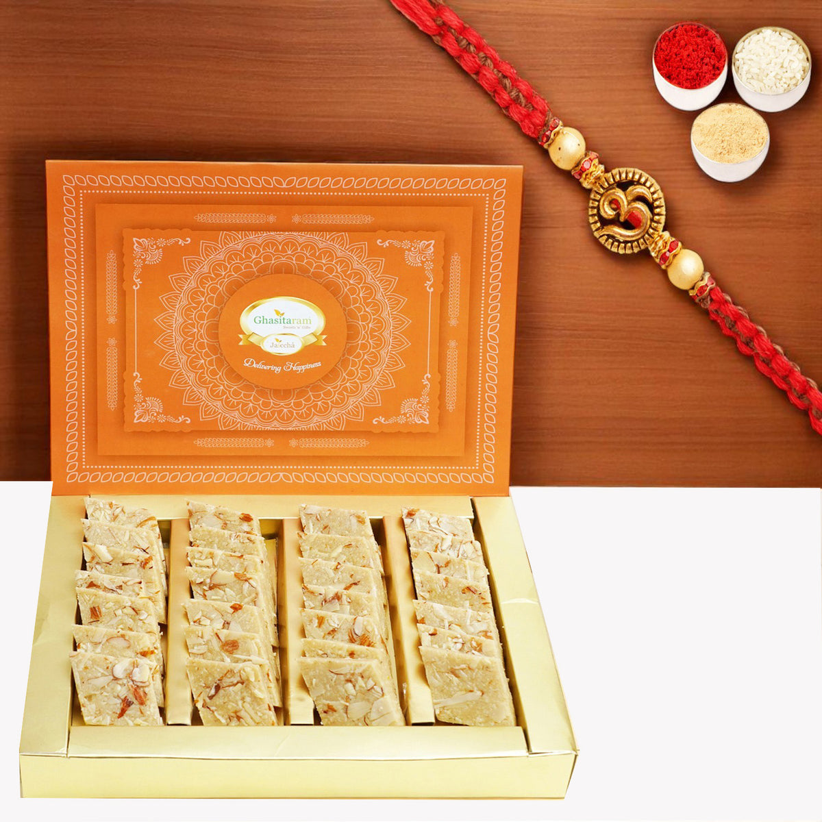 Sugarfree Pure Kaju Katlis Box 200 gms with Om Rakhi