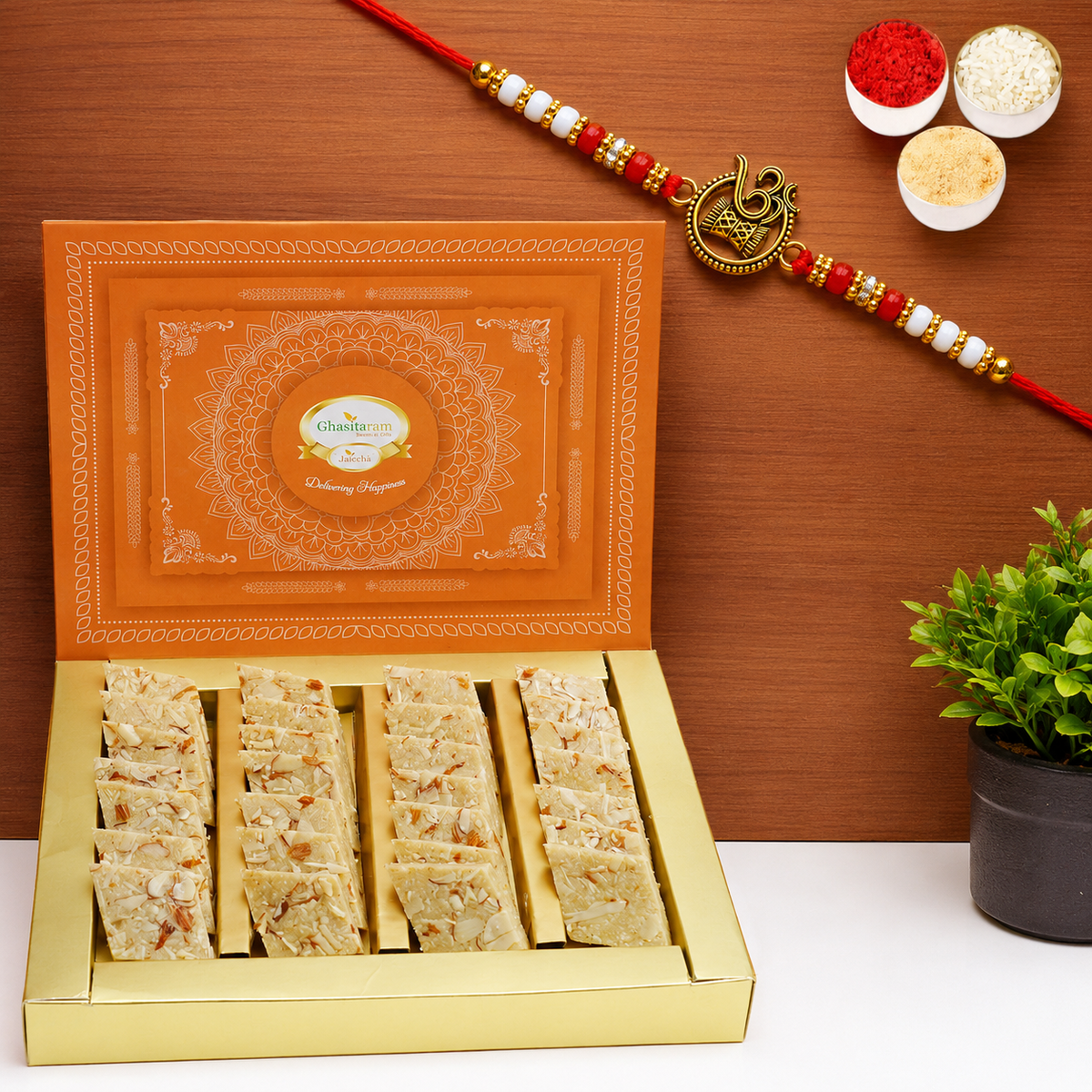 Sugarfree Pure Kaju Katlis Box  with Om Rakhi