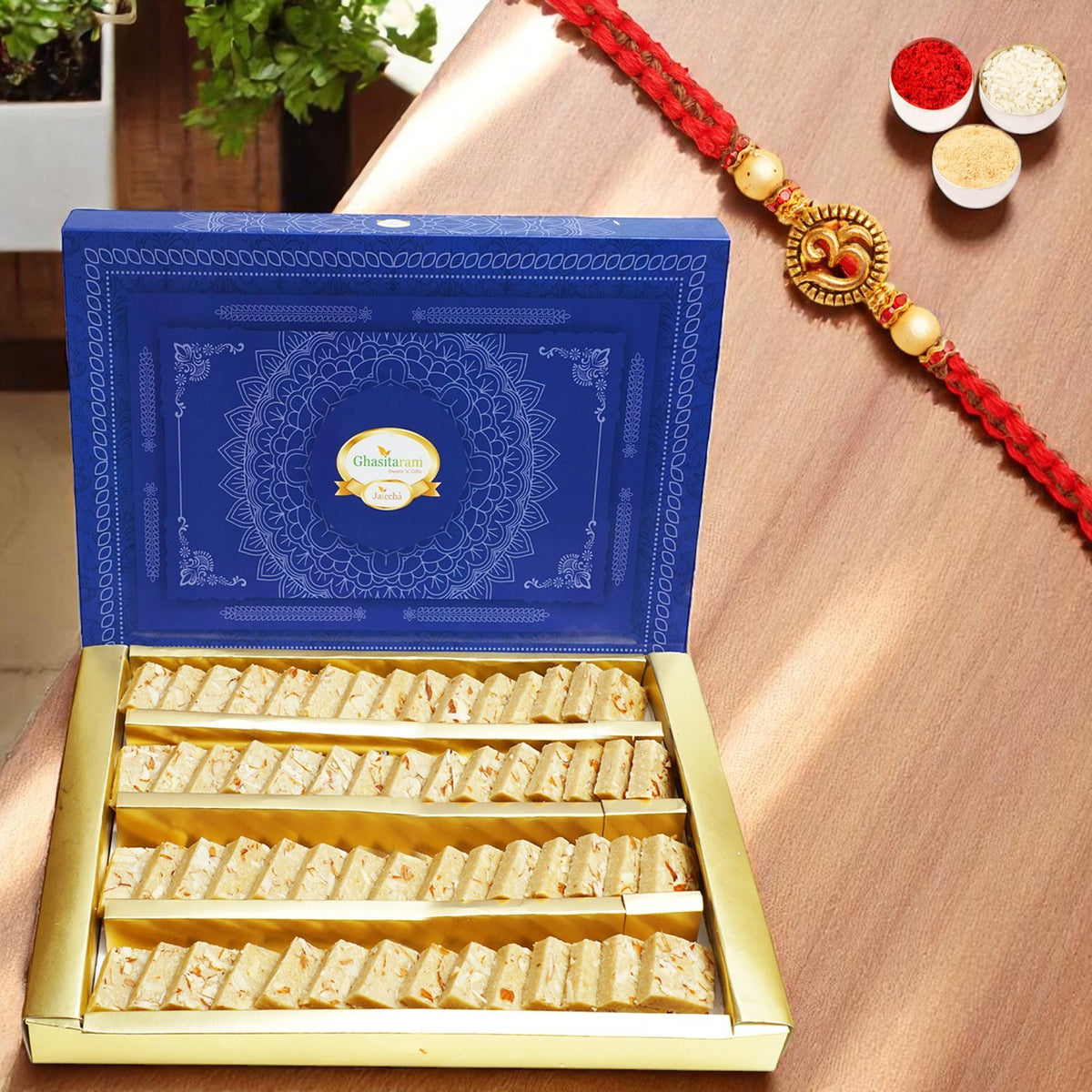 Sugarfree Pure Kaju Katlis Box 200 gms with Om Rakhi