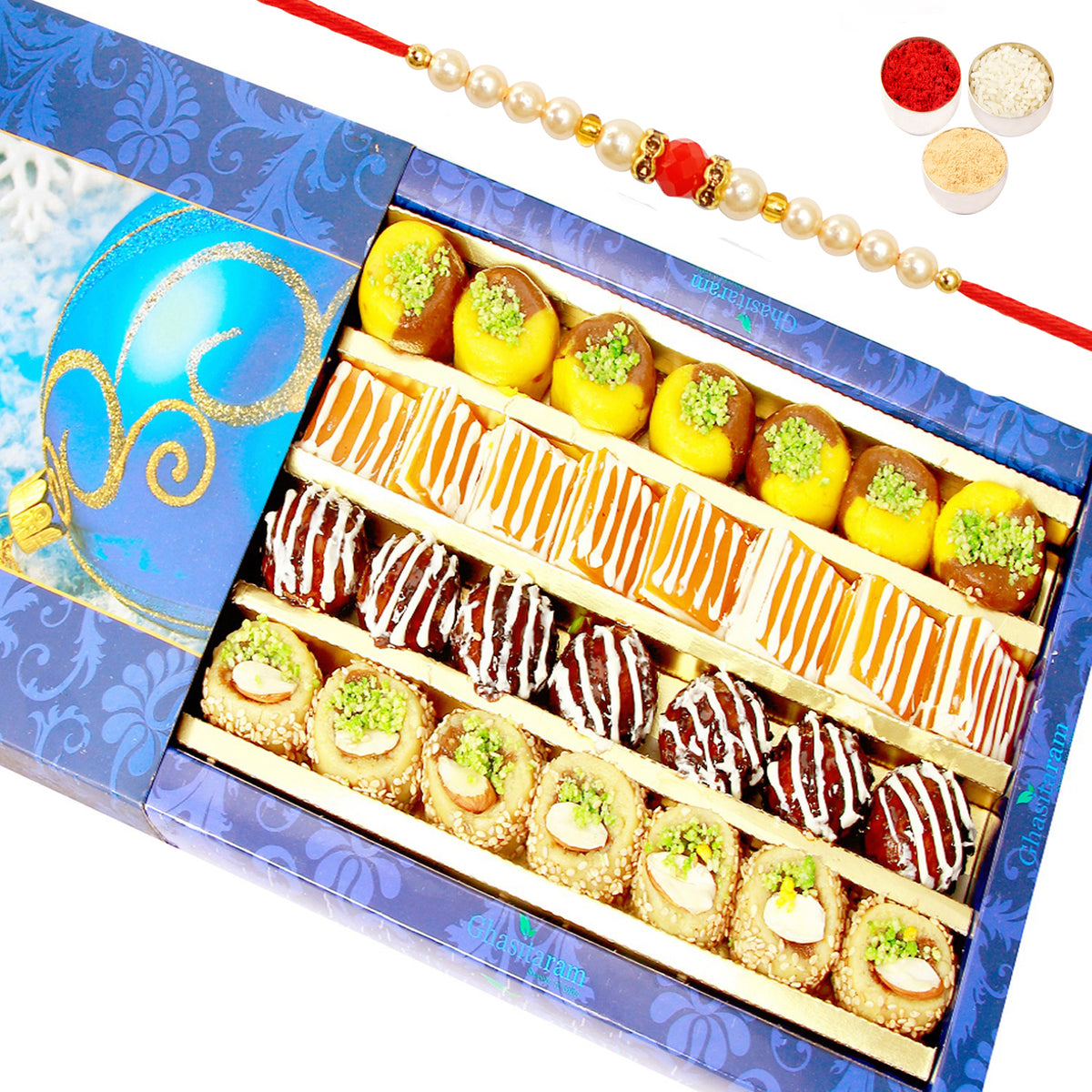 Exotic Mix Sweets 400g | Rakhi Gift Hamper with Pearl Beads Rakhi | Rakshabandhan Assorted Mithai Box for Brother