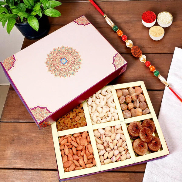 Rakhi Dryfruits - Fusion 6 part Dryfruit Box with Rudraksh Rakhi