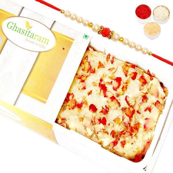 Gulkand Cashew Cake with Pearl Beads Rakhi