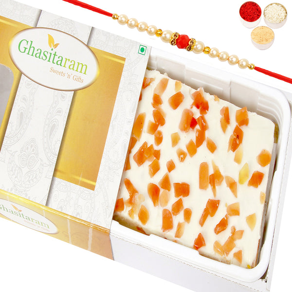 Rakhi Sweets-Irish Cashew Papaya Cake with Pearl Beads Rakhi