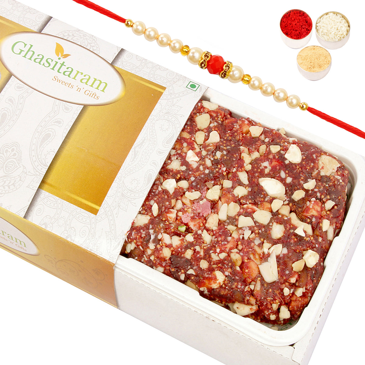 Kaju  Anjeer/ Figs Cake with Pearl Beads Rakhi