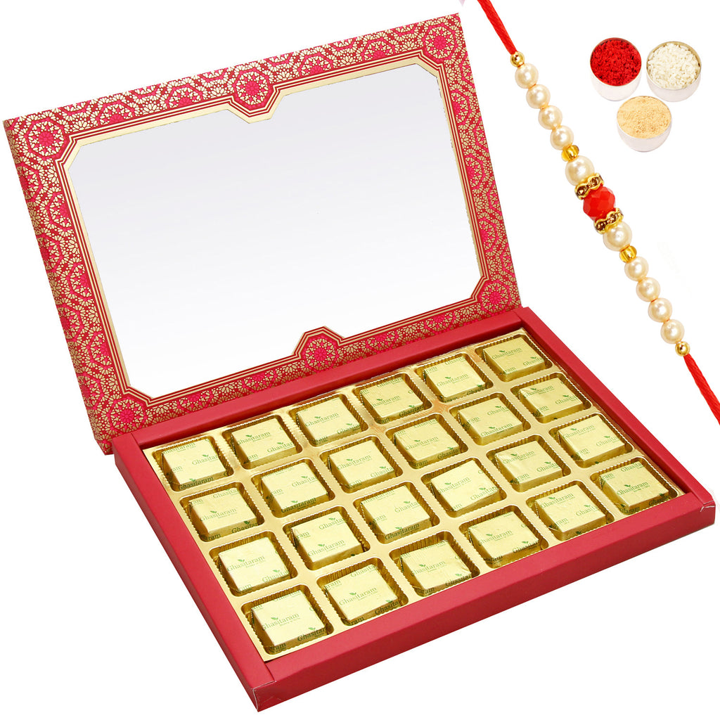 Rakhi Mewa Bites - 24 pcs Pink Printed Assorted mewa BitesBox with Pearl Beads Rakhi