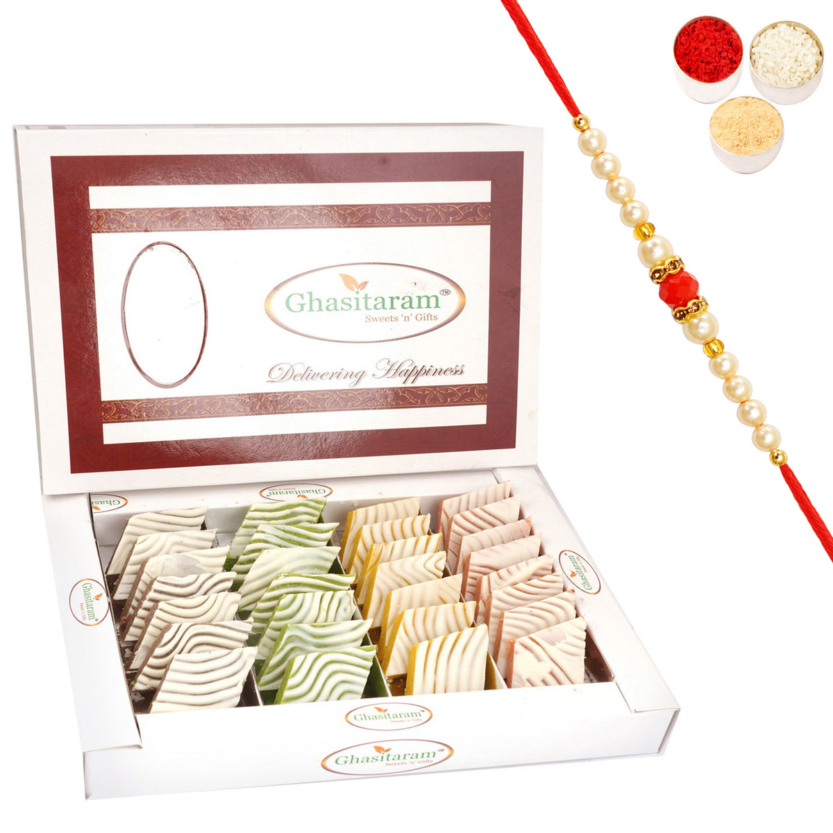 Assorted Irish Kaju Katlis 400 gms with Beads Rakhi