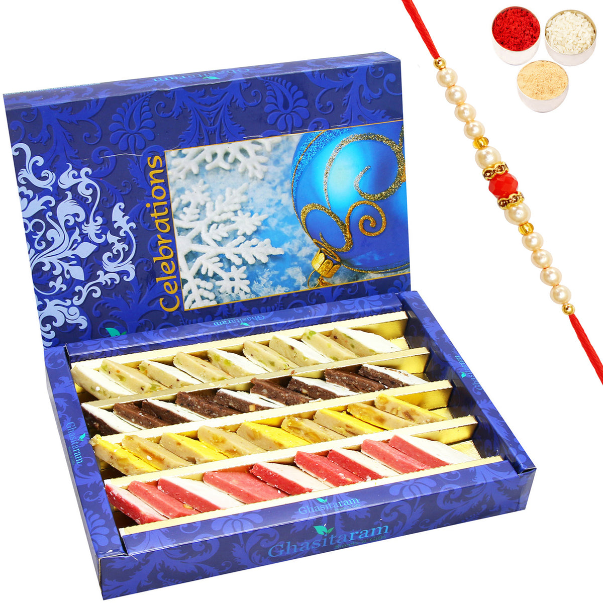 Assorted Irish Kaju Katlis 800 gms with Beads Rakhi