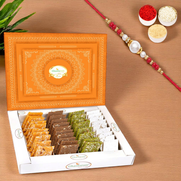 Pure Assorted Kaju Katli 400g | Rakhi Gift Box with Beads Rakhi | Rakshabandhan Sweets Hamper for Brother and Bhabhi