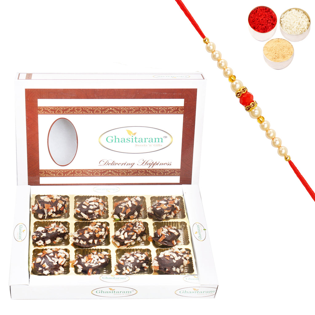 Choco Dates  in White Box with Beads Rakhi