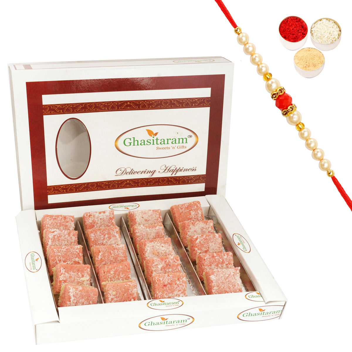 Mawa Coconut Barfi 400 gms with Beads Rakhi