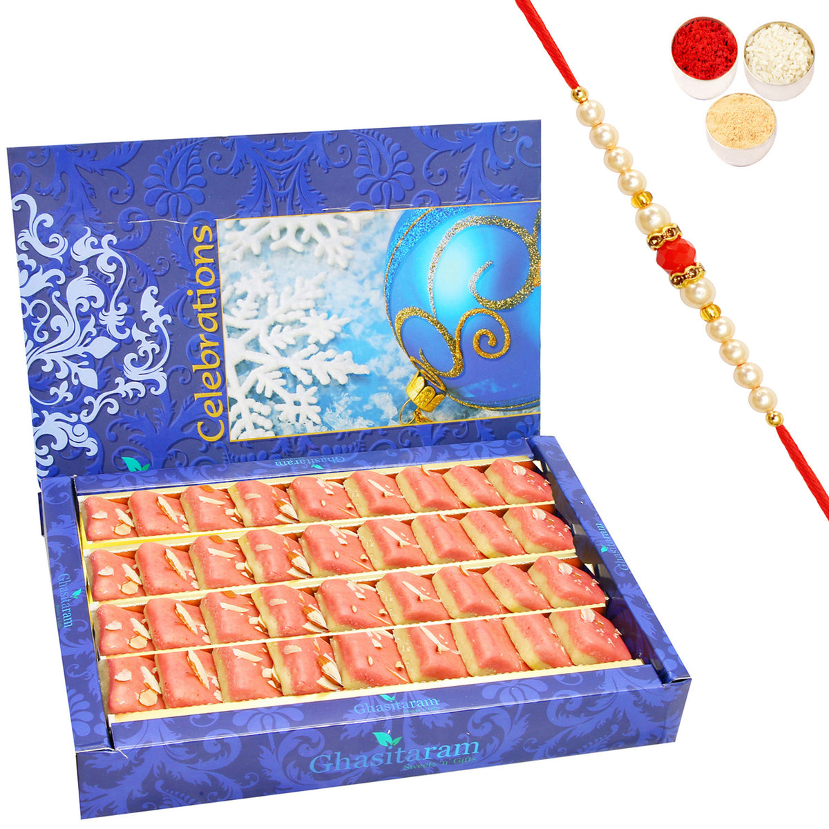 Mawa Coconut Barfi 800 gms with Beads Rakhi