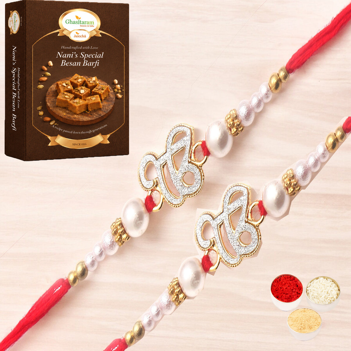 Set of 2 - The Sparkle Of Wahegurujis Love For My Brother rakhi with 200 gms of Besan Barfi