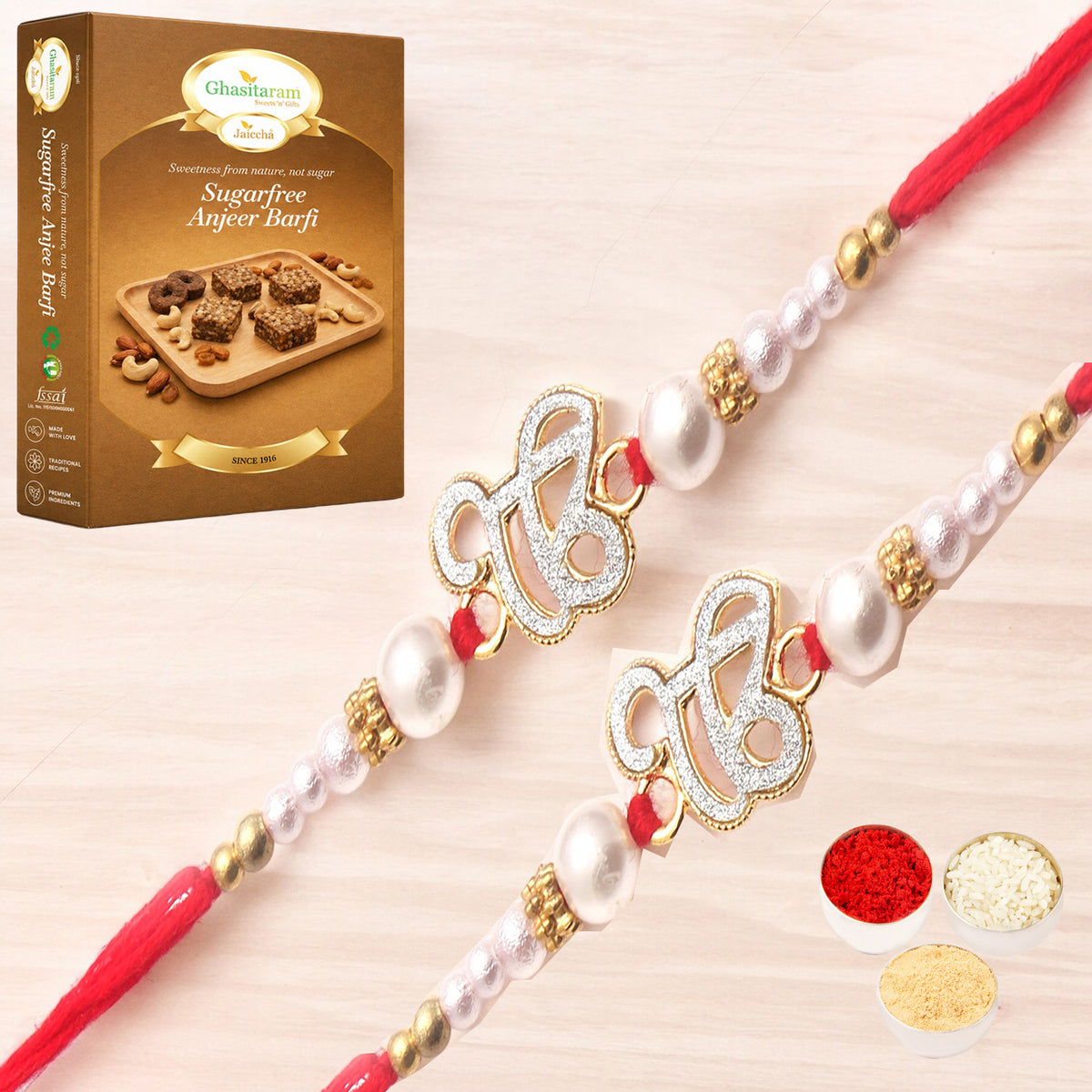 Set of 2 - The Sparkle Of Wahegurujis Love For My Brother rakhi with 200 gms of Sugarfree Anjeer Barfi