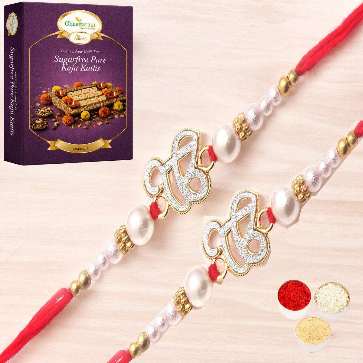 Set of 2 - The Sparkle Of Wahegurujis Love For My Brother rakhi with 200 gms of Sugarfree Kaju katli