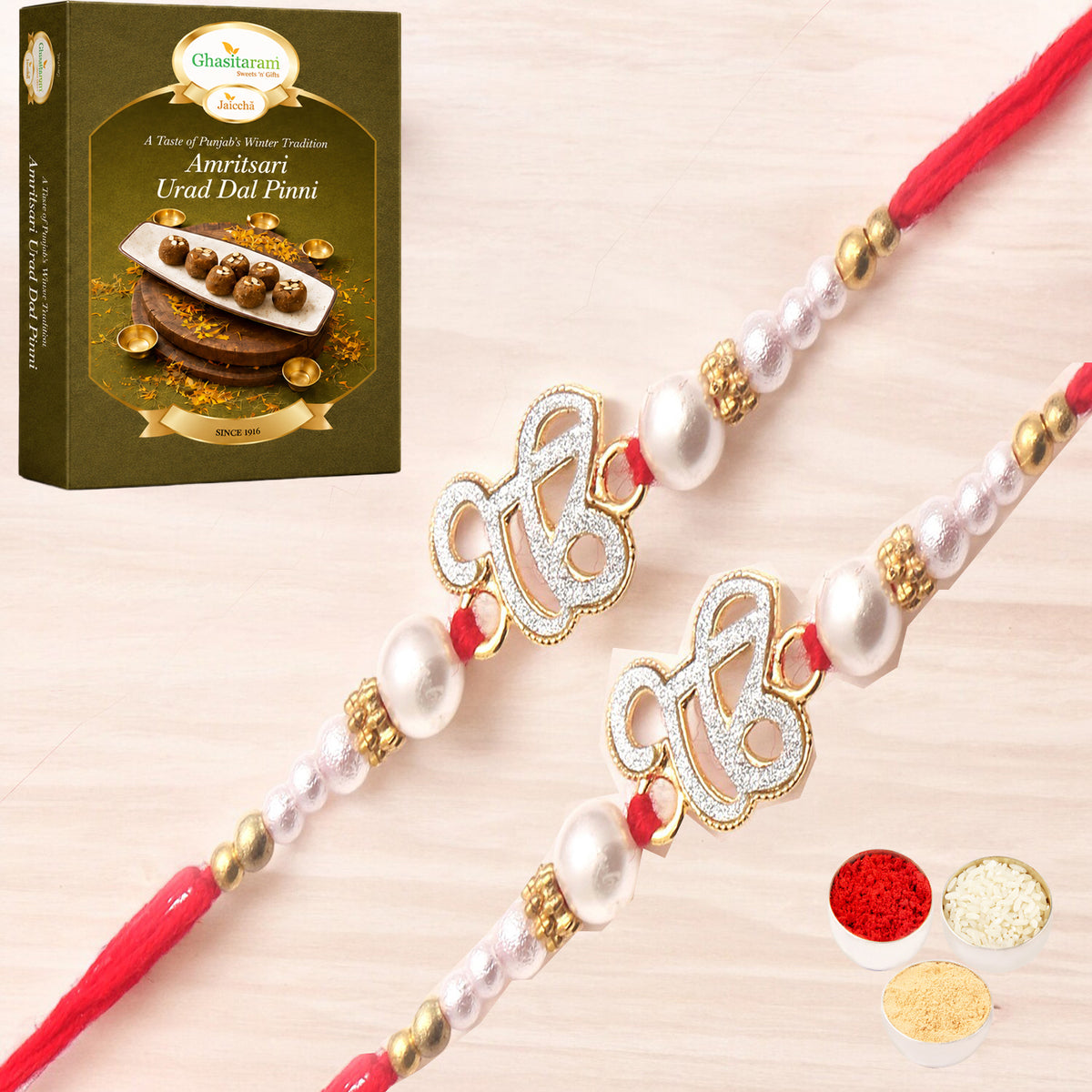 Set of 2 - The Sparkle Of Wahegurujis Love For My Brother rakhi with 200 gms of Pinni 