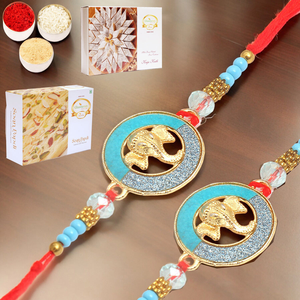  Set of 2 The Riddhi Siddhi Ganpati Blessings for my Brother Rakhi with 200 gms of Kaju katli and 200 gms of Soan Papdi