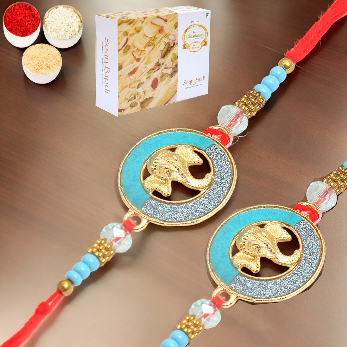  Set of 2 The Riddhi Siddhi Ganpati Blessings for my Brother Rakhi with 400 gms of Soan Papdi