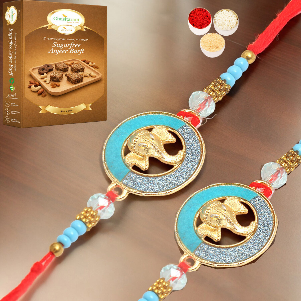 Set of 2 - The Riddhi Siddhi Ganpati Blessings for my Brother Rakhi  with 200 gms of Sugarfree Anjeer Barfi