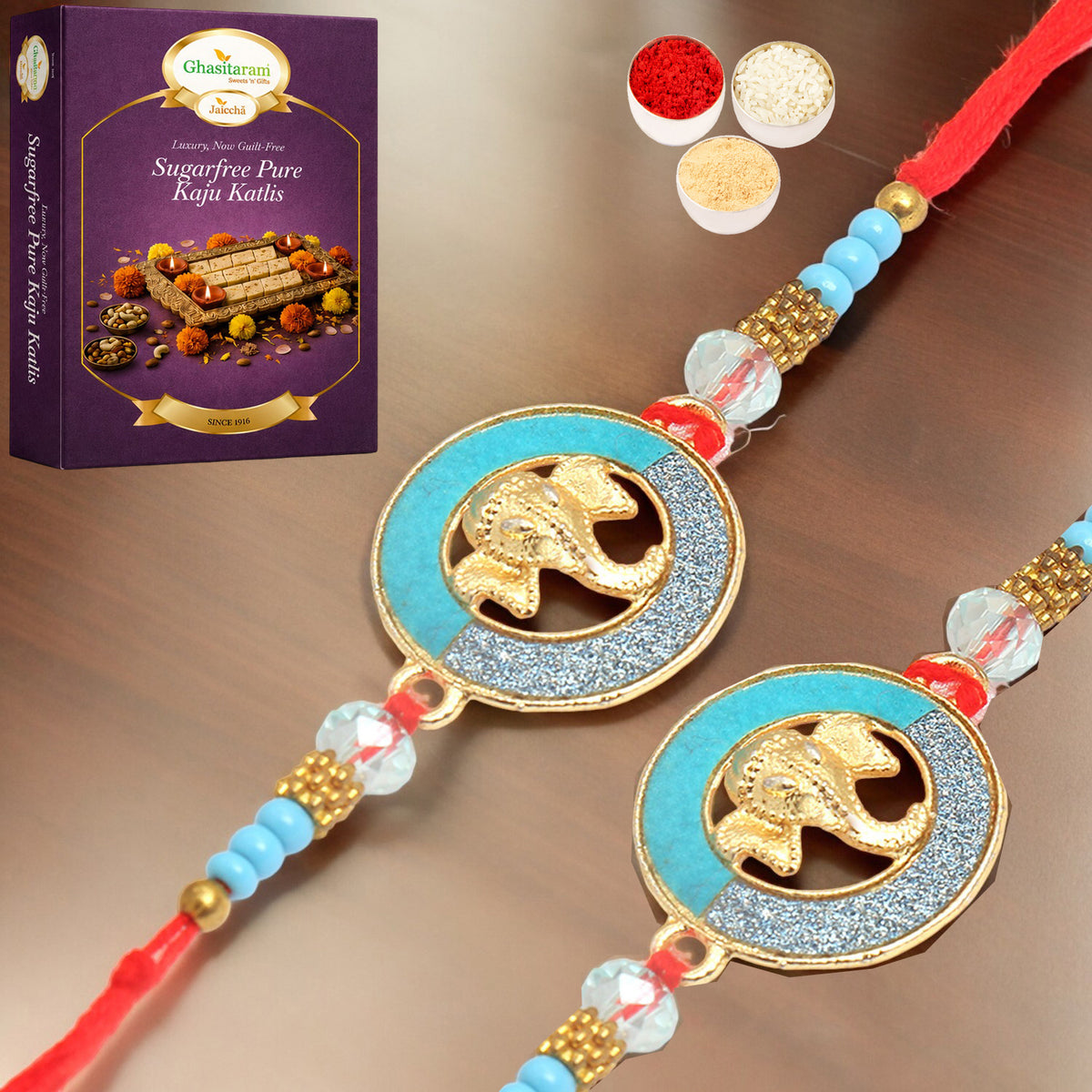 Set of 2 - The Riddhi Siddhi Ganpati Blessings for my Brother Rakhi  with 200 gms of Sugarfree Kaju katli