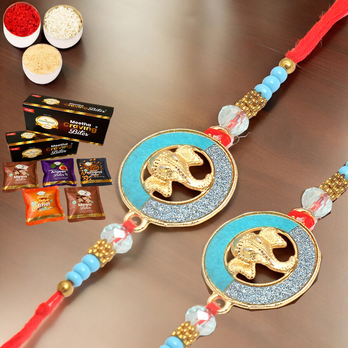  Set of 2 The Riddhi Siddhi Ganpati Blessings for my Brother Rakhi with Asorted bites box