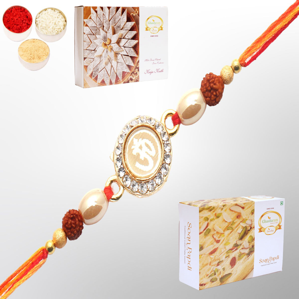 Om The Mystique of Truth Rakhi with 200 gms of Kaju katli and 200 gms of Soan Papdi