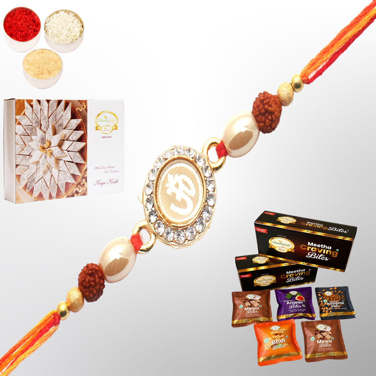 Om The Mystique of Truth Rakhi with Asorted bites box and 200 gms of Kaju katli
