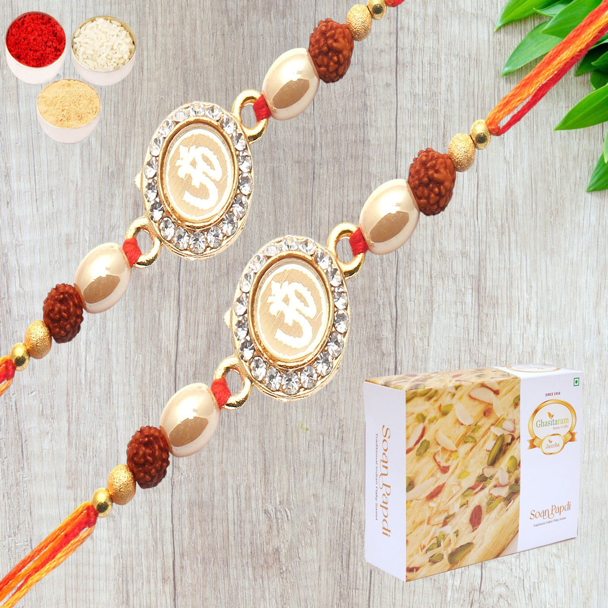 Set of 2 Om The Mystique of Truth Rakhi with 400 gms of Soan Papdi